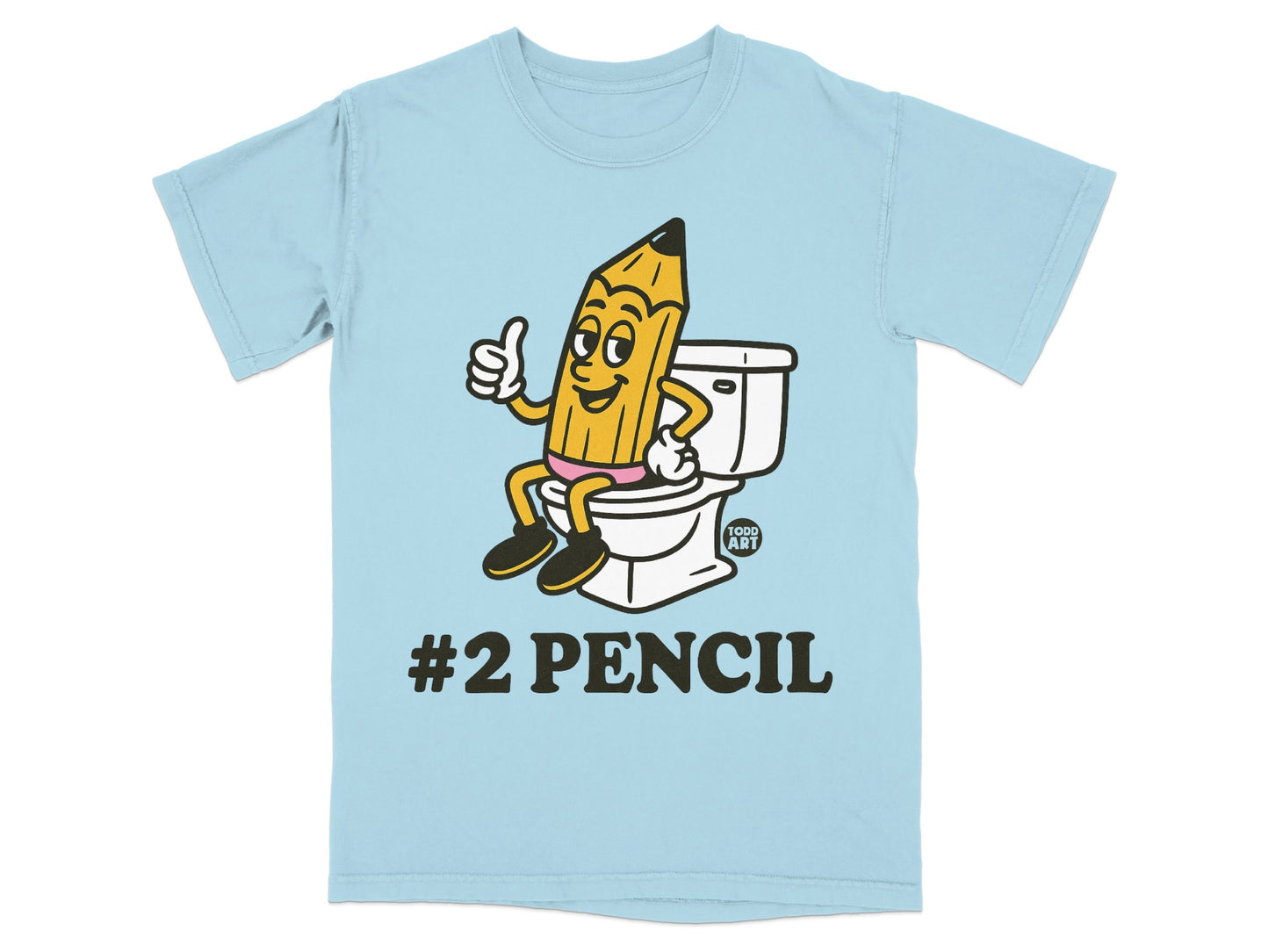 Light blue t-shirt with a cartoon #2 pencil giving a thumbs up on a toilet.
