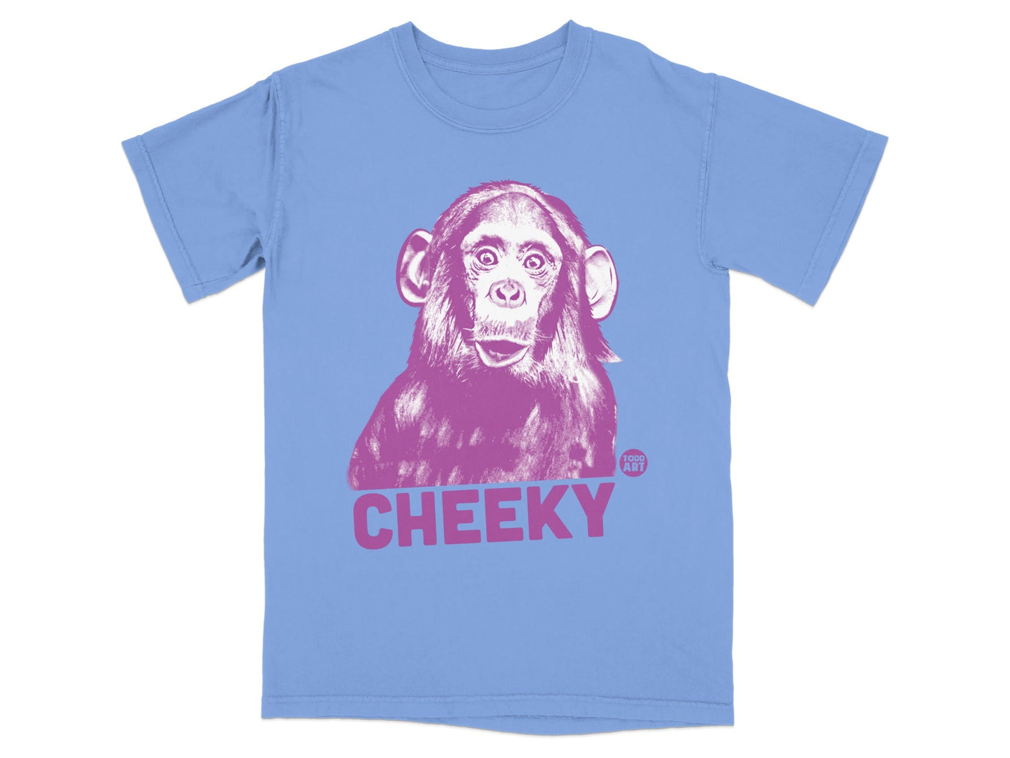 Light blue t-shirt with a pink graphic of a chimpanzee and the word "CHEEKY".