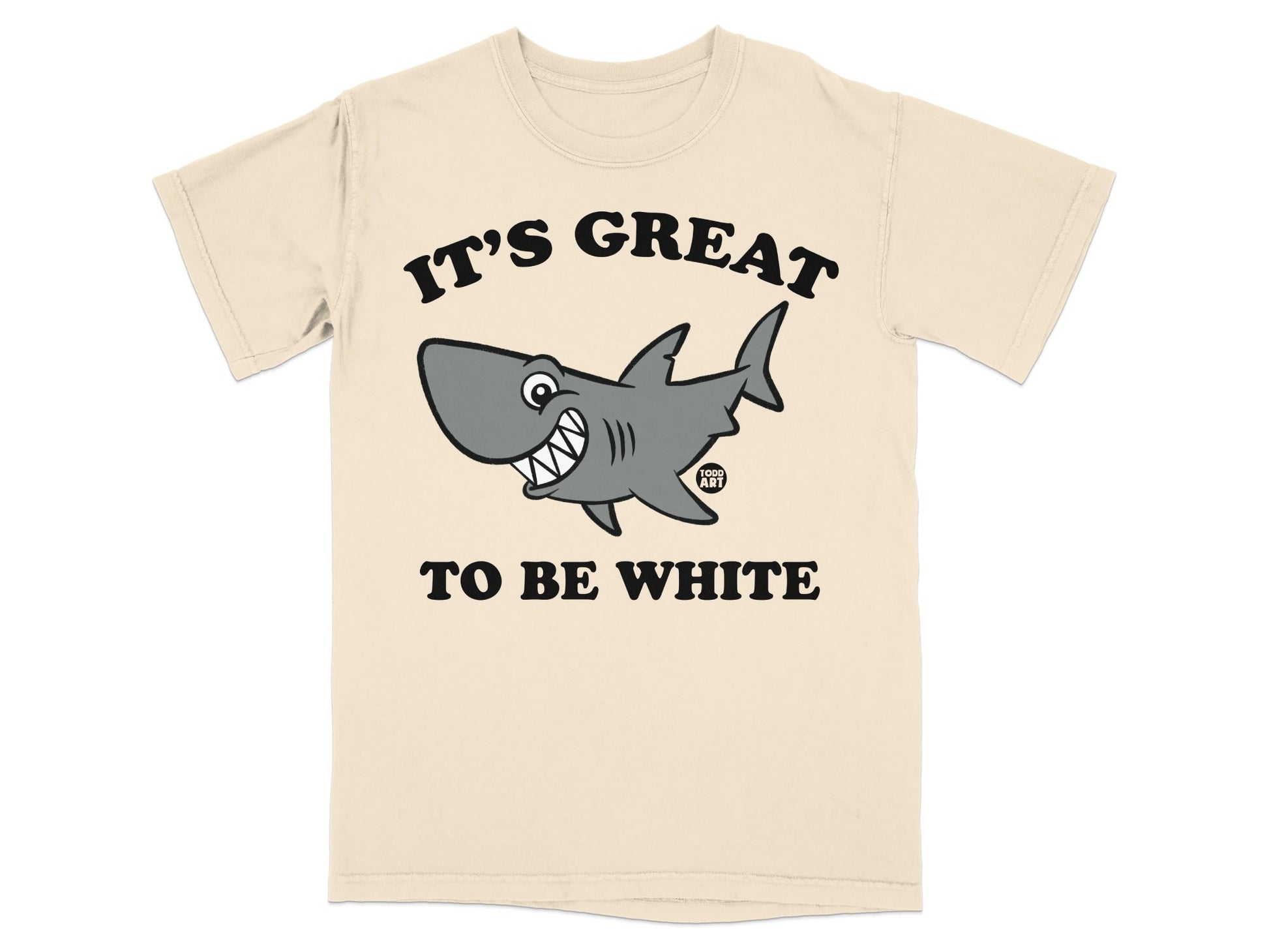 Cream t-shirt with shark graphic and text "IT'S GREAT TO BE WHITE".