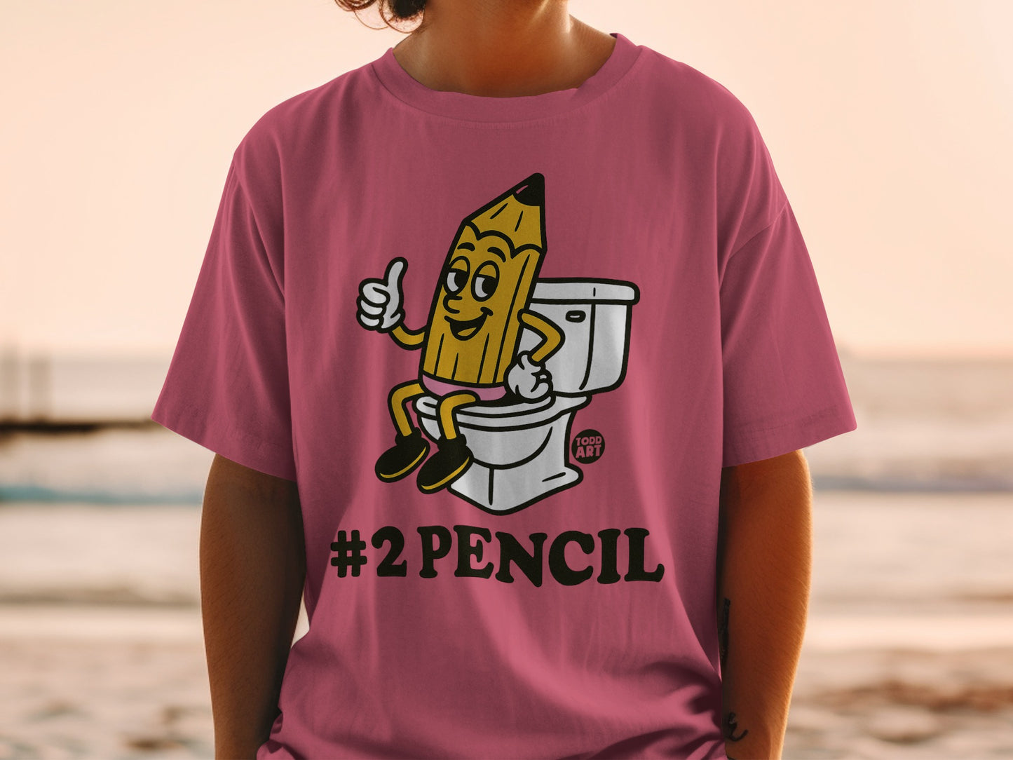 Cartoon pencil character sitting on a toilet, giving a thumbs up.
