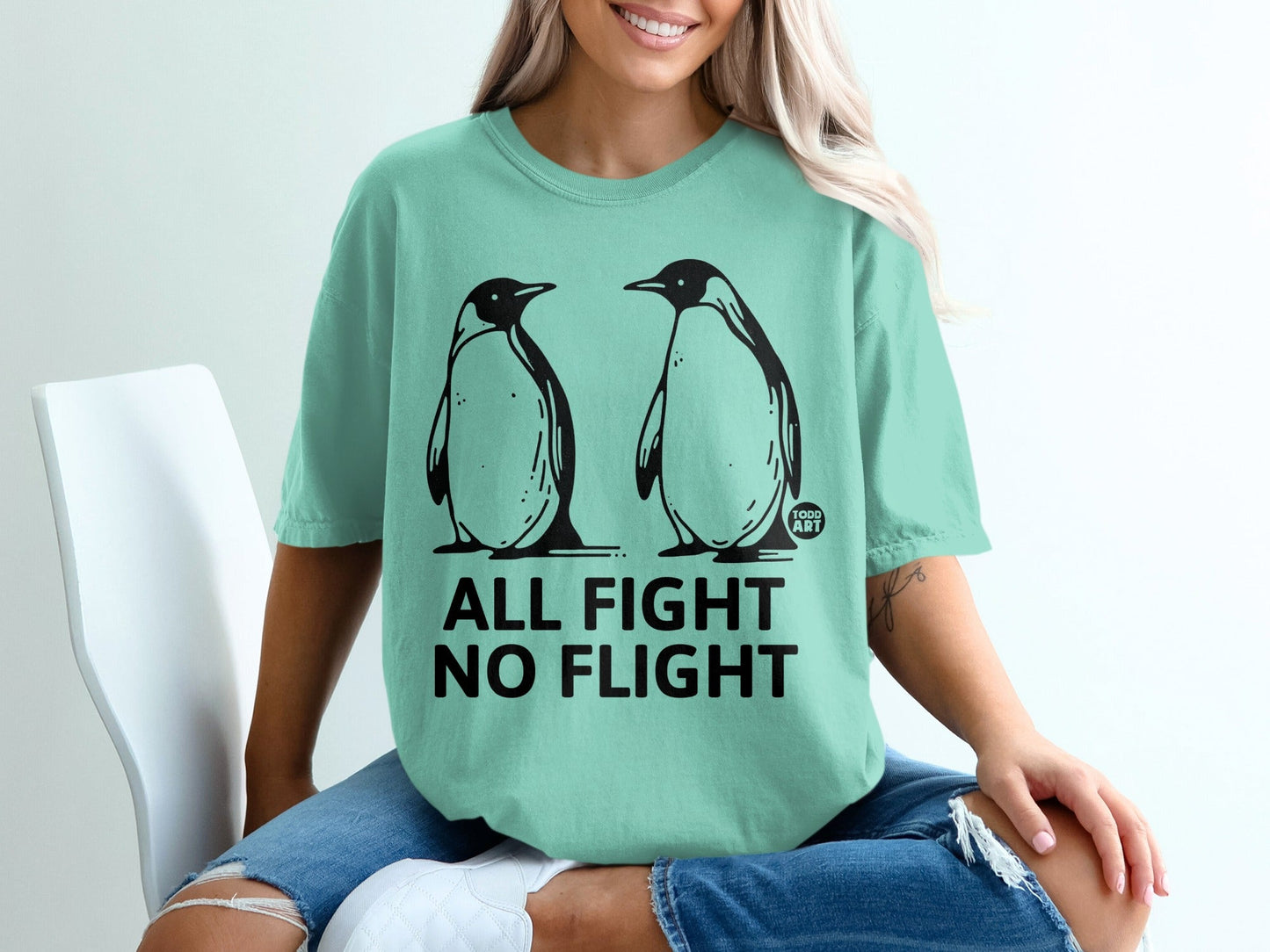 Penguin All Fight No Flight T-Shirts, Funny Motivational Flightless Bird Tee, Unique Animal Lover Gift, Humorous Quote Apparel, Cool Graphic