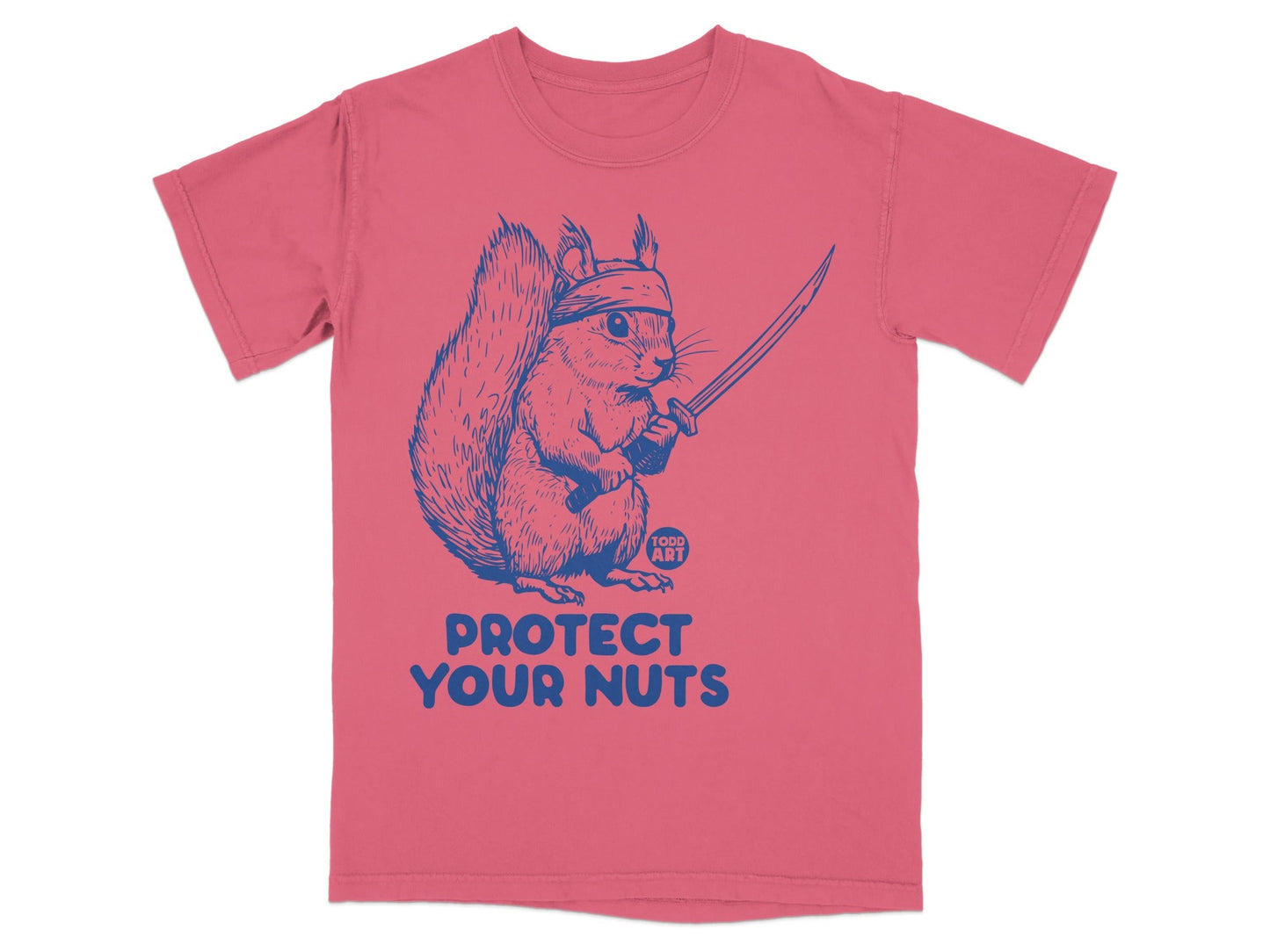 T-shirt with a blue cartoon squirrel wearing a bandana, holding a sword.