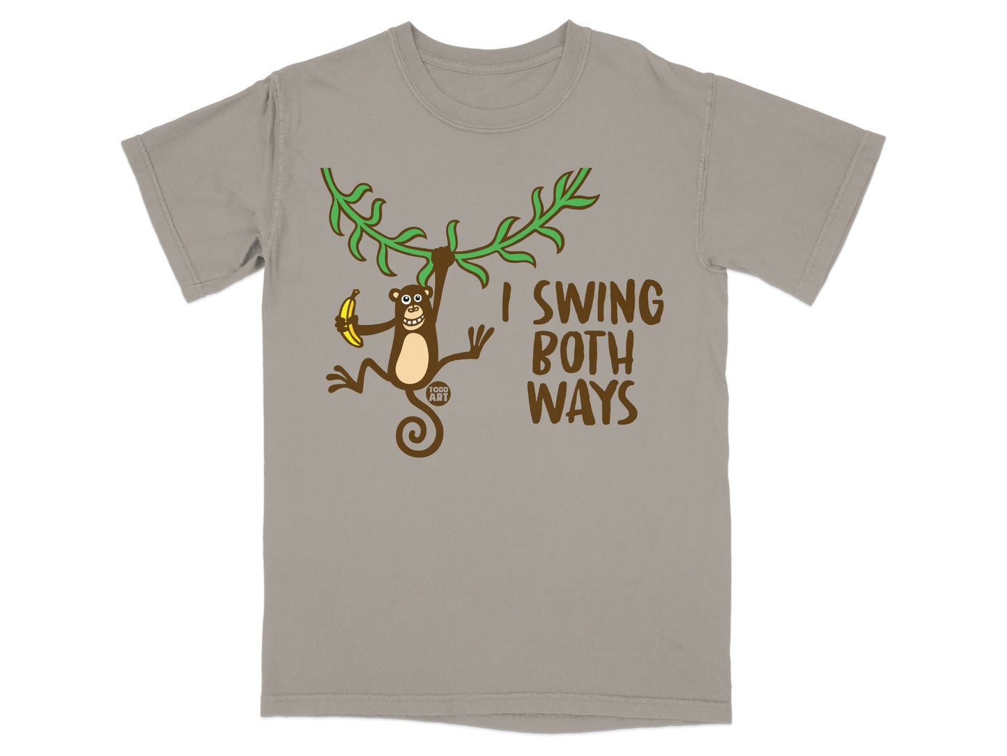 T-shirt with cartoon monkey holding banana, text "I SWING BOTH WAYS".