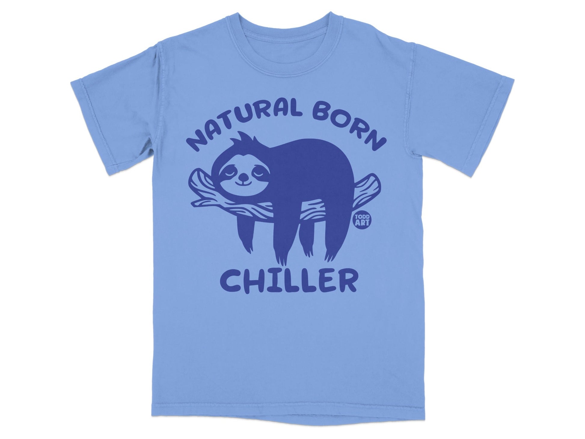 Light blue t-shirt with a dark blue sloth design and "Natural Born Chiller" text.