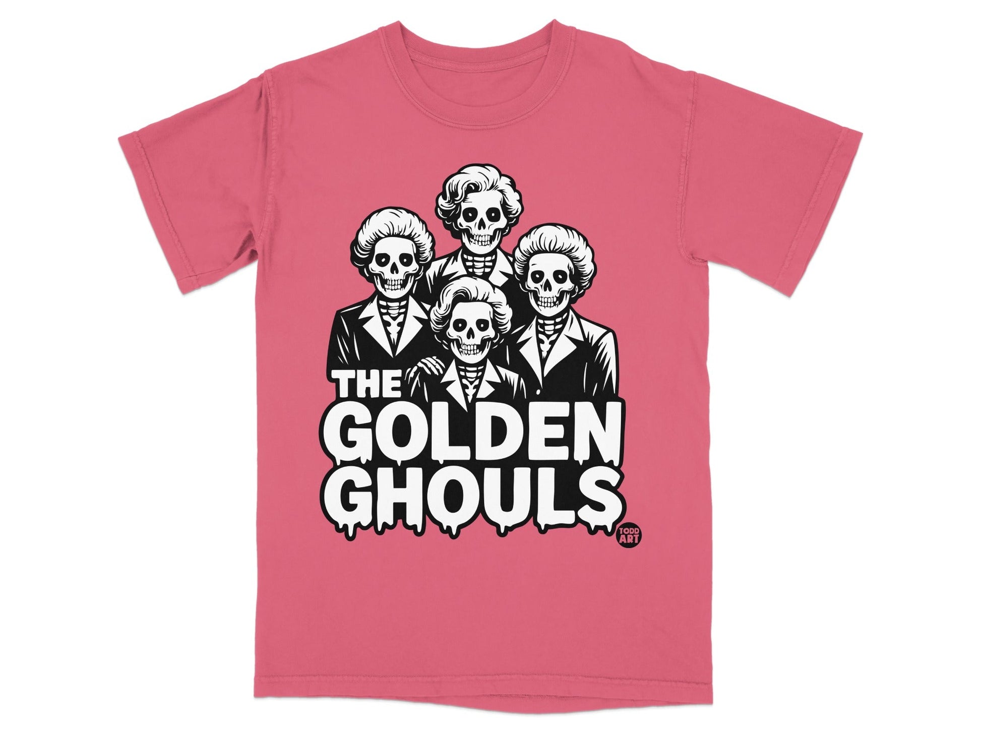 The Golden Ghouls graphic on a coral t-shirt.