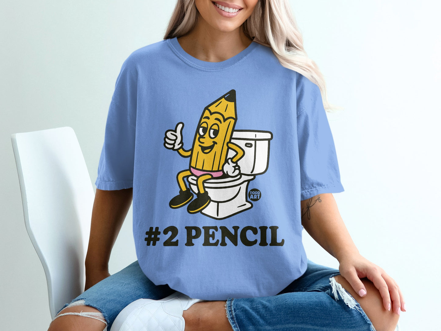Cartoon #2 pencil giving thumbs up on toilet.