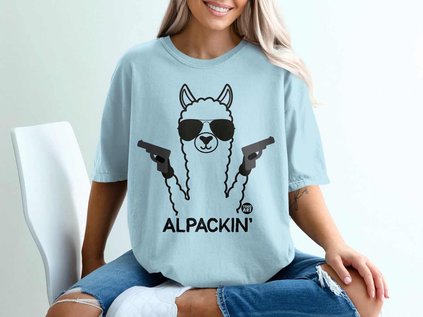 Alpackin' Alpaca with Sunglasses and Guns Graphic Shirt