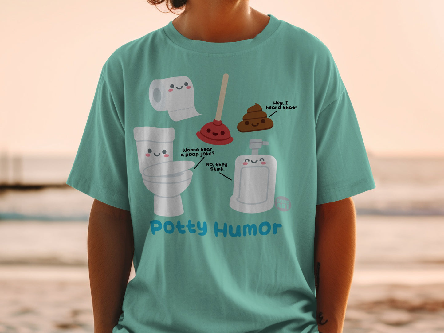 T-shirt with toilet, plunger, and poop characters and "Potty Humor" text.
