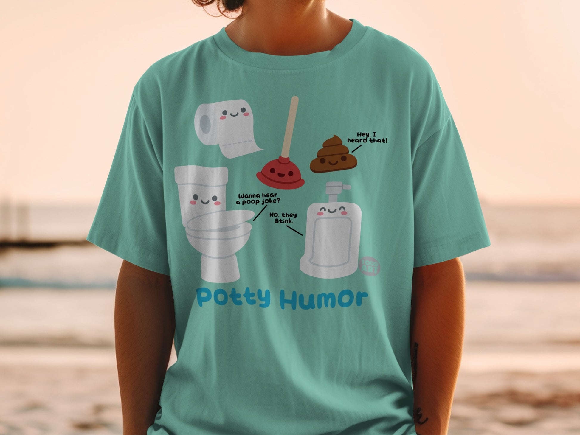 T-shirt with toilet, plunger, and poop characters and "Potty Humor" text.
