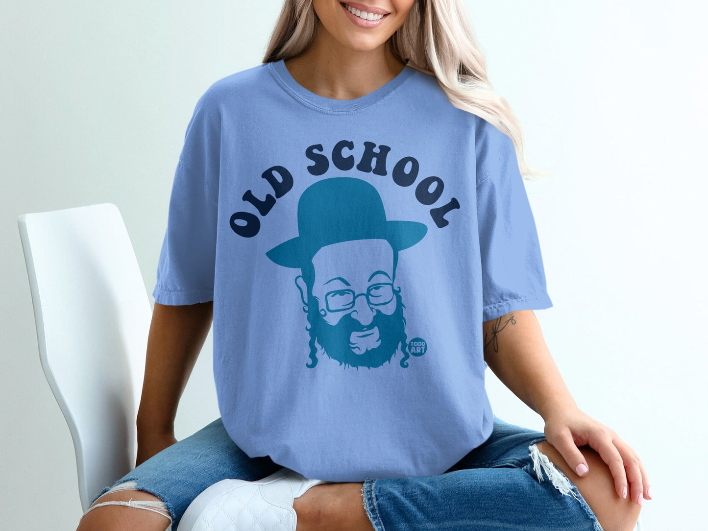 Blue t-shirt with graphic of a man in a hat with "OLD SCHOOL" text.