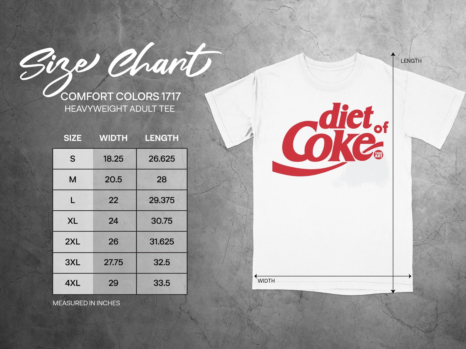 Comfort Colors 1717 heavyweight t-shirt size chart with measurements.