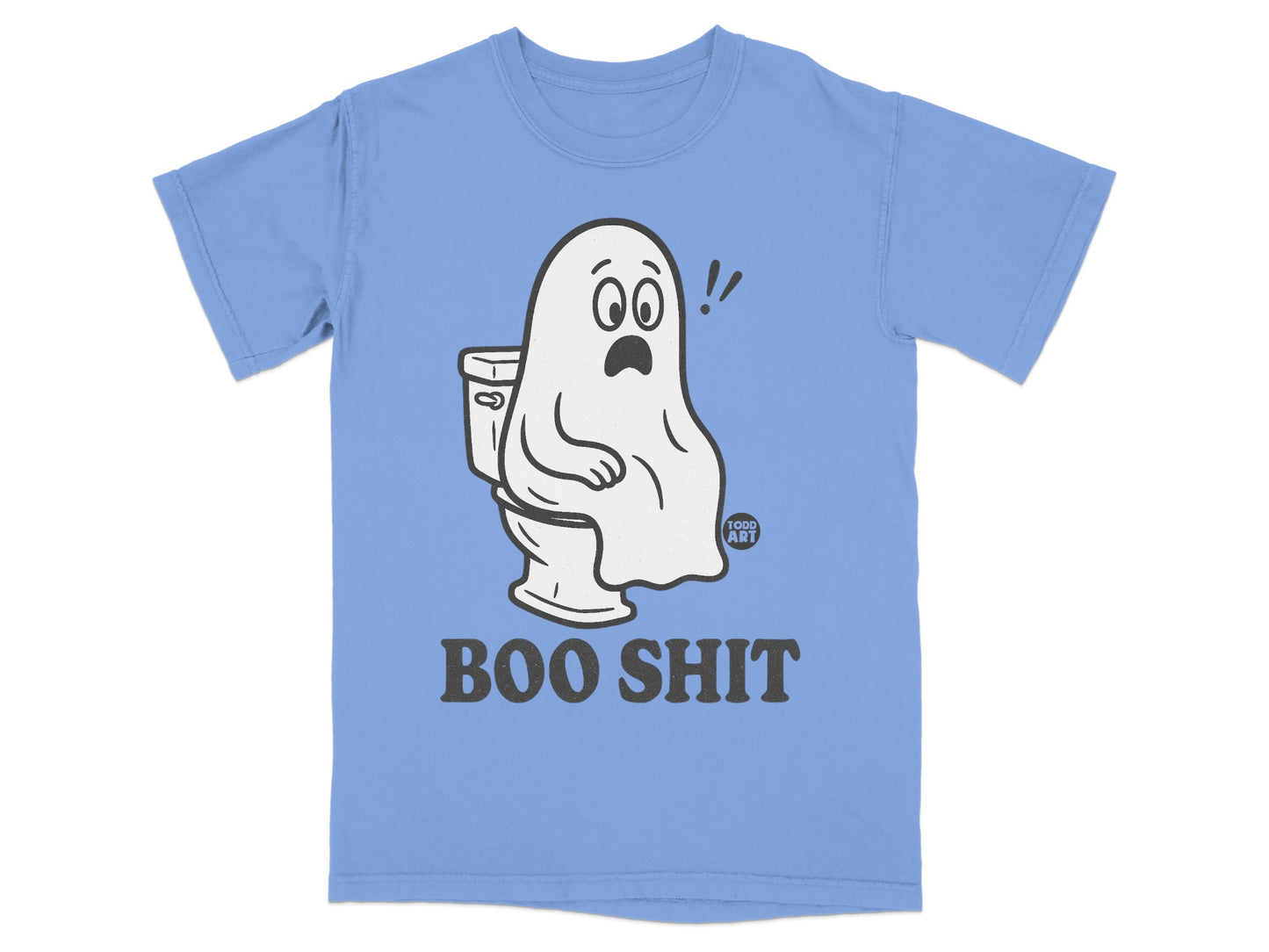 Blue t-shirt with a ghost sitting on a toilet and "BOO SHIT" text.