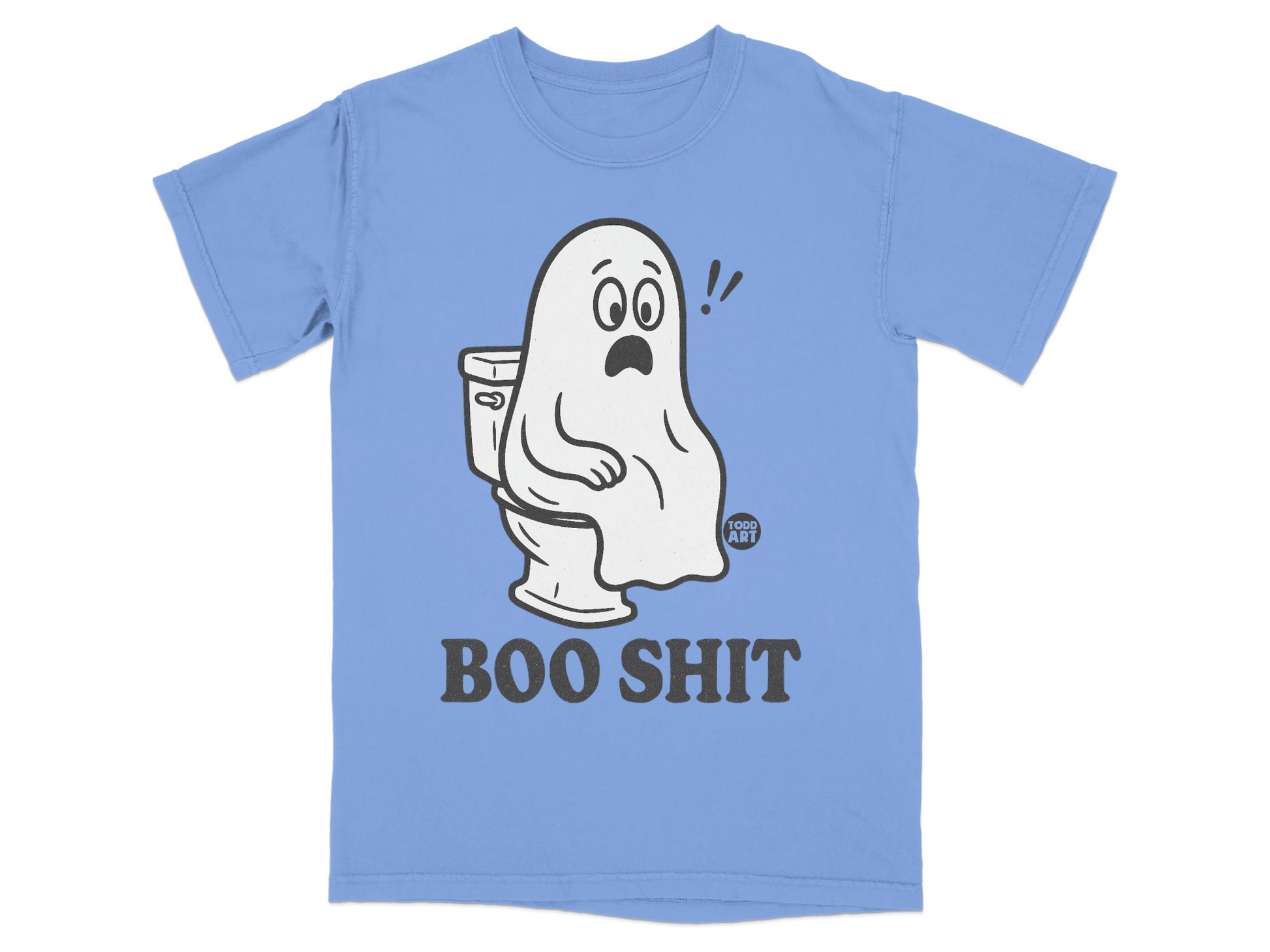 Blue t-shirt with a ghost sitting on a toilet and "BOO SHIT" text.