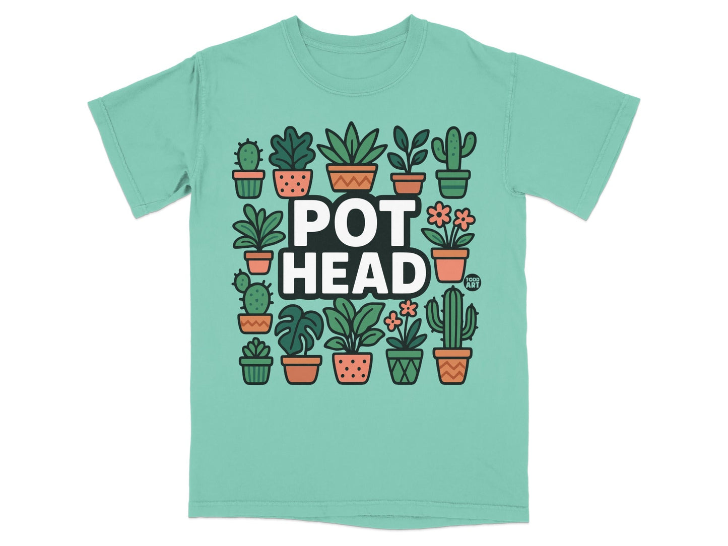 Mint green t-shirt with "POT HEAD" in large letters surrounded by potted plants.