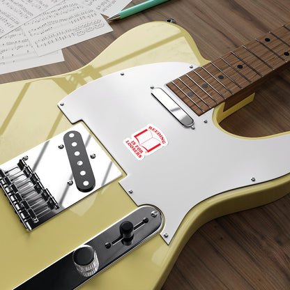 Yellow Electric Guitar with Unique Red Warning Design