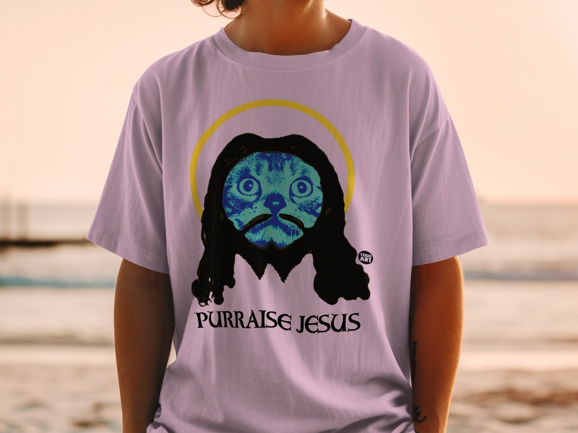 Purraise Jesus Cat Design Graphic T-Shirt for Sale