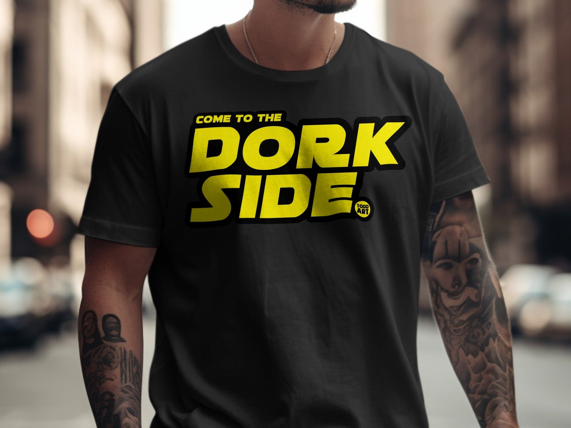 Black t-shirt with "COME TO THE DORK SIDE" in yellow and black text.