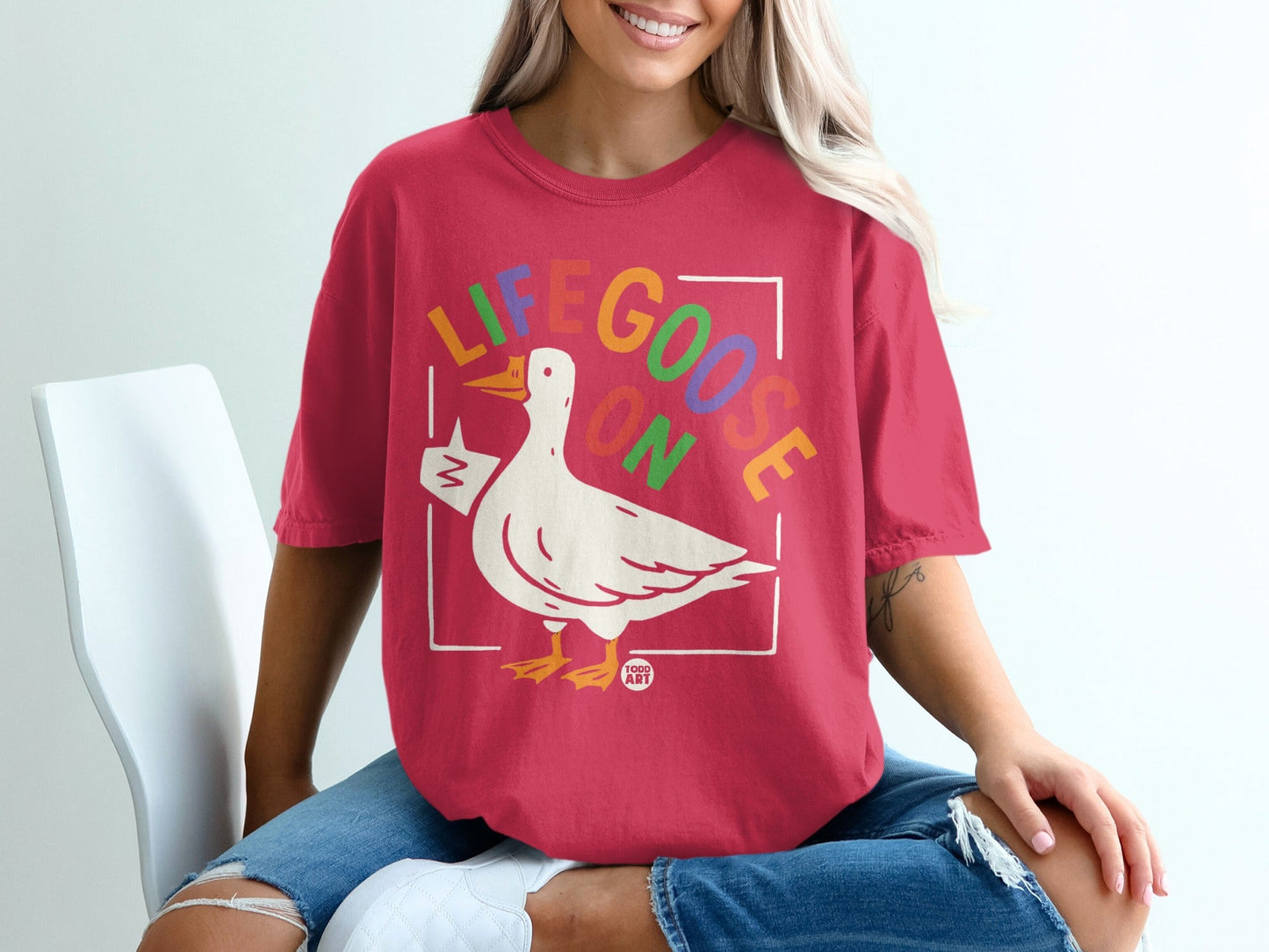 Colorful Life Goose On Red Graphic Tee Shirt