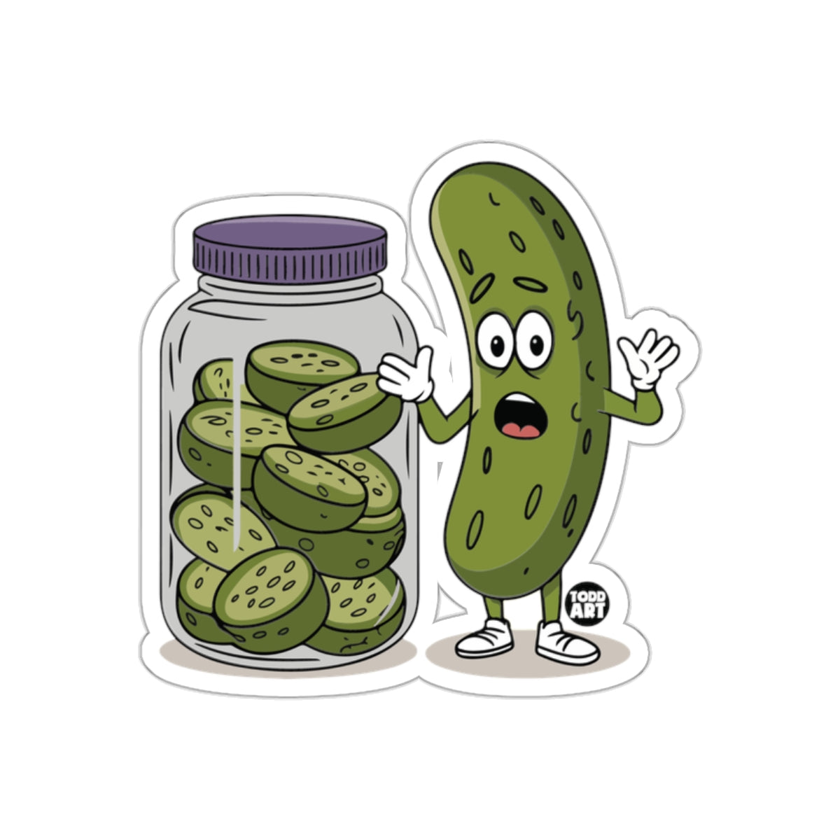 Cartoon Pickle Next To Sliced Pickles In Jar sticker