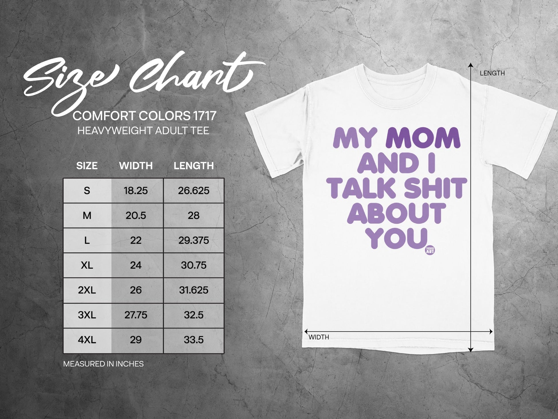 Comfort Colors 1717 heavyweight adult tee size chart with garment dimensions.