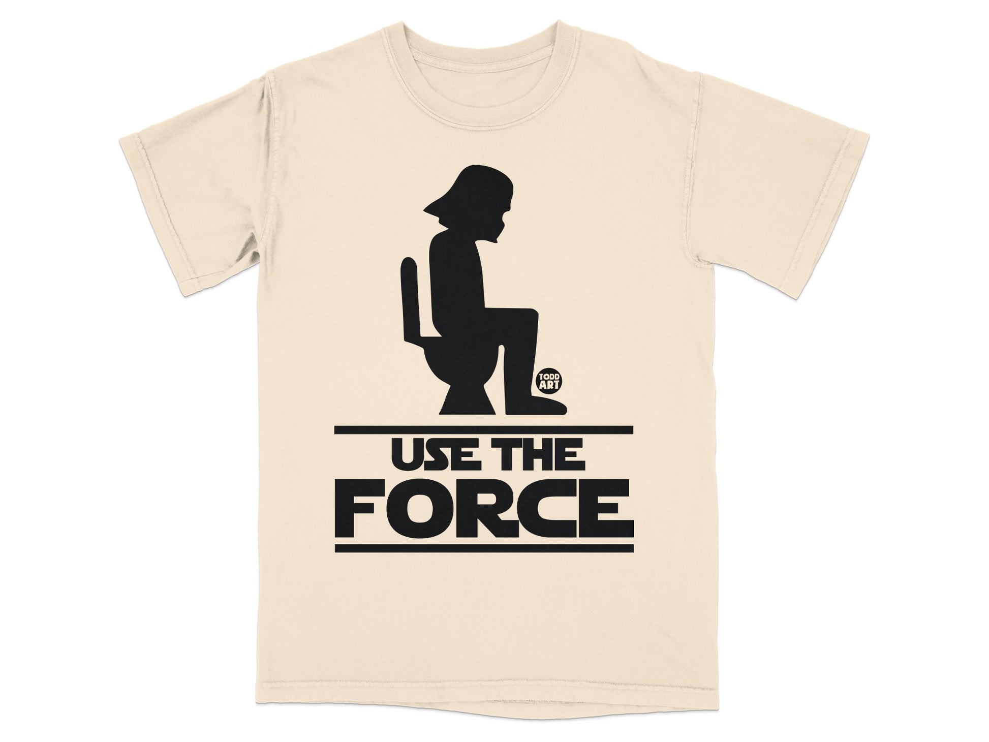 Darth Vader sitting on a toilet on a beige t-shirt that says "Use the Force".