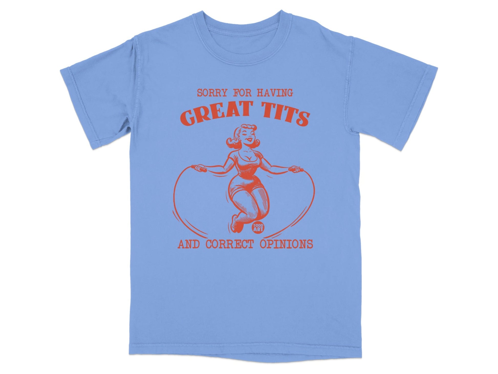 Blue t-shirt with graphic of a woman jumping rope and text.