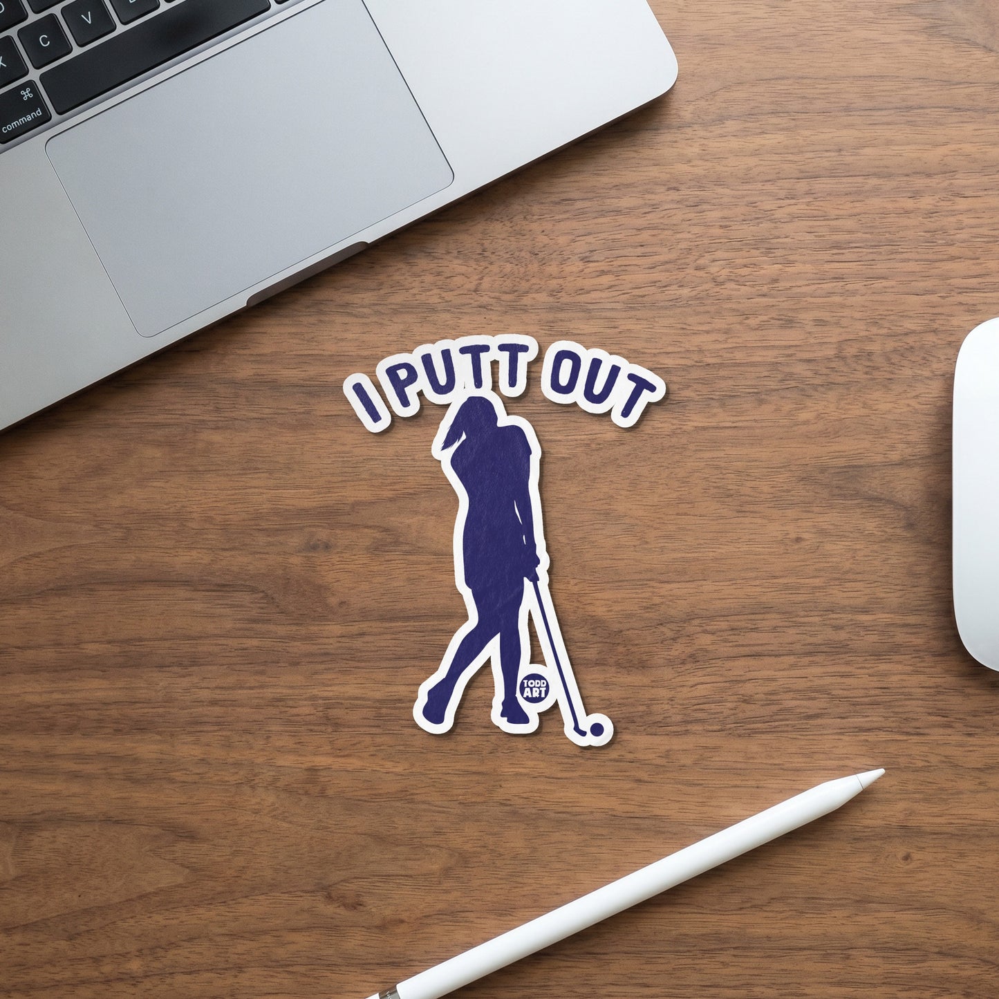 Dark blue sticker of a female golfer swinging with text "I PUTT OUT" above.