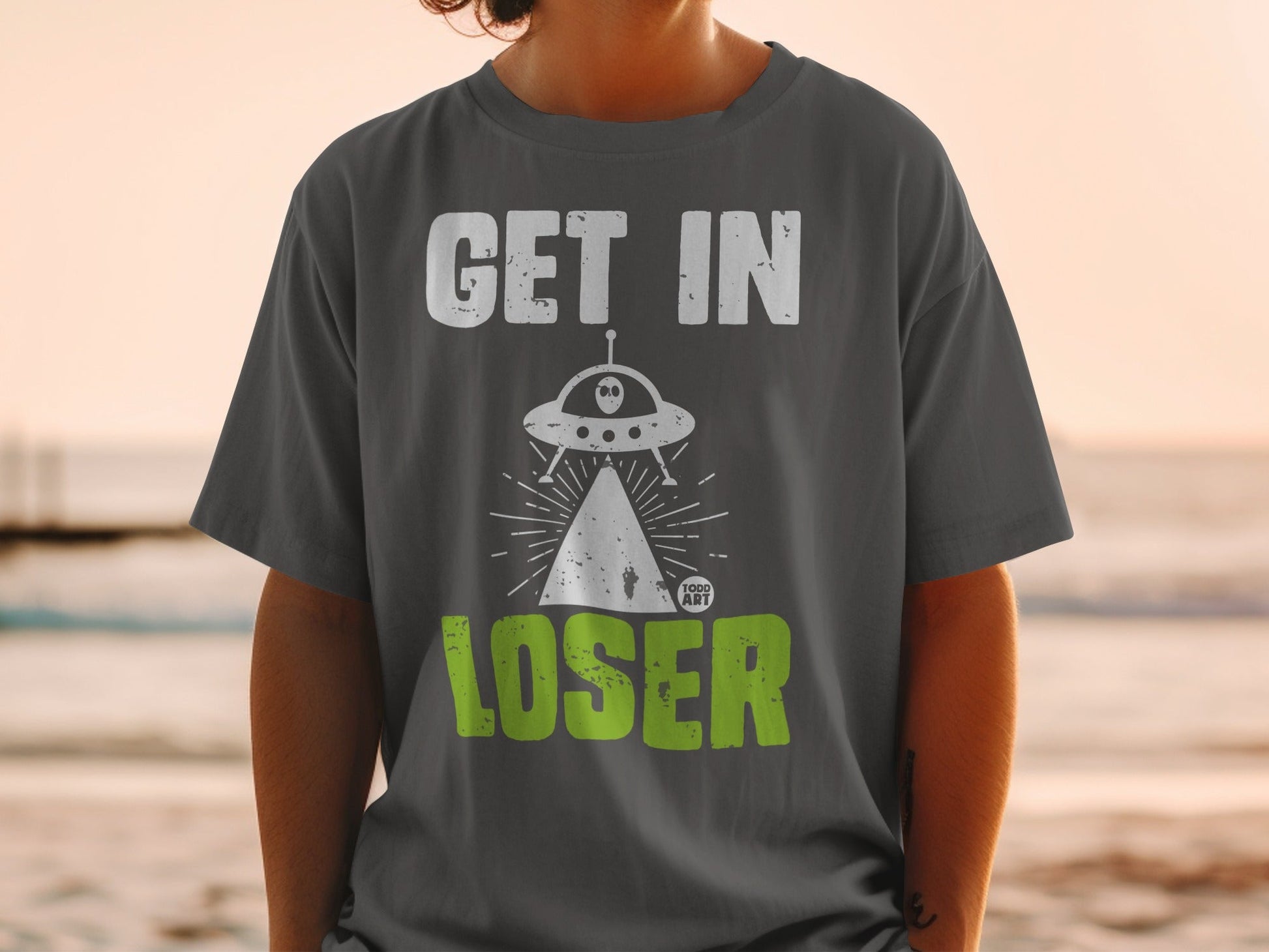 Get In Loser UFO Alien Spaceship Graphic T-Shirt