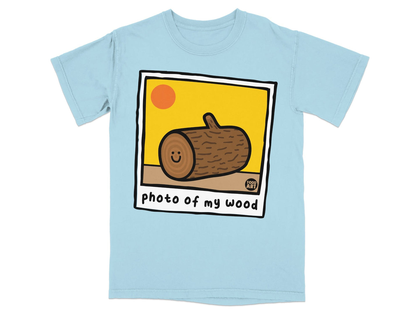 Light blue t-shirt with cartoon log and "photo of my wood" text.