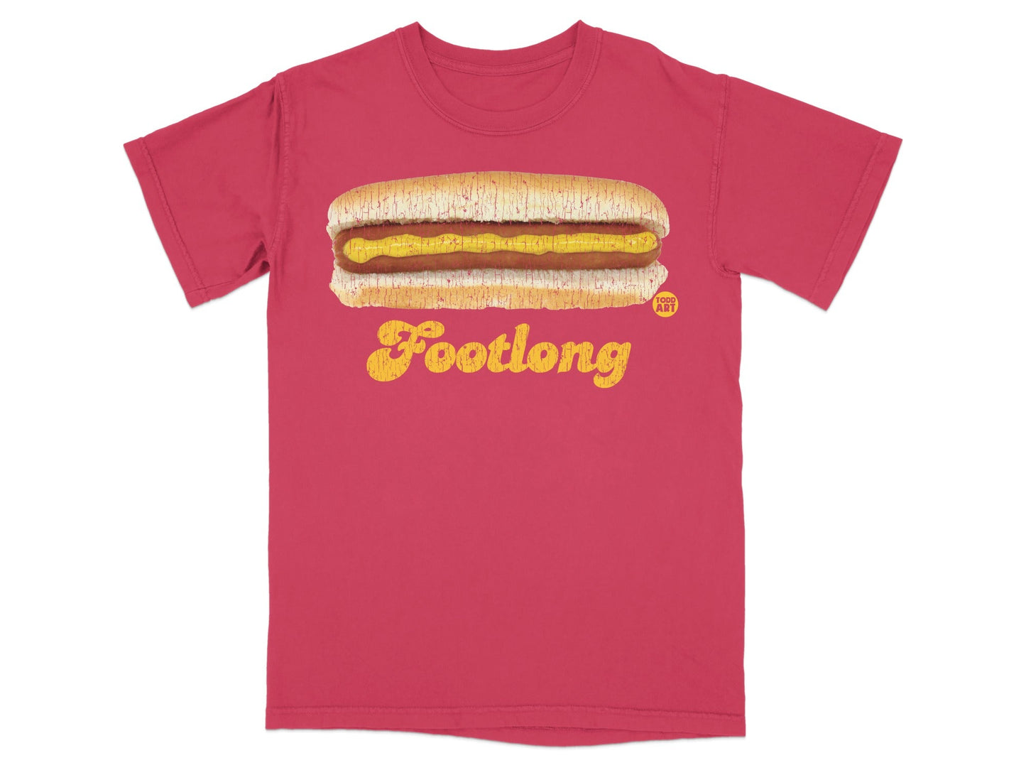 Red t-shirt with a footlong hot dog graphic and "Footlong" text.