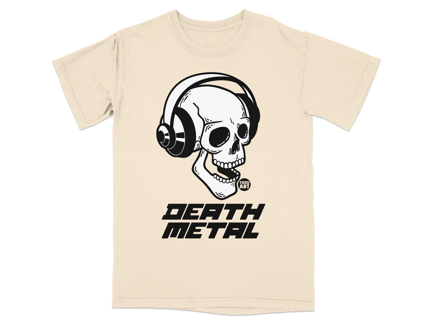 Skull wearing headphones, "DEATH METAL" text below.