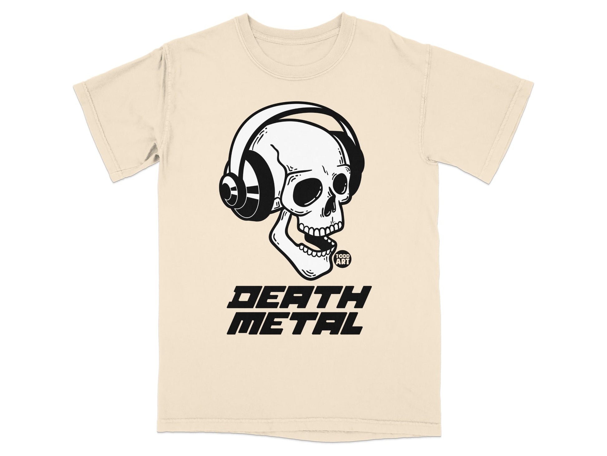 Skull wearing headphones, "DEATH METAL" text below.