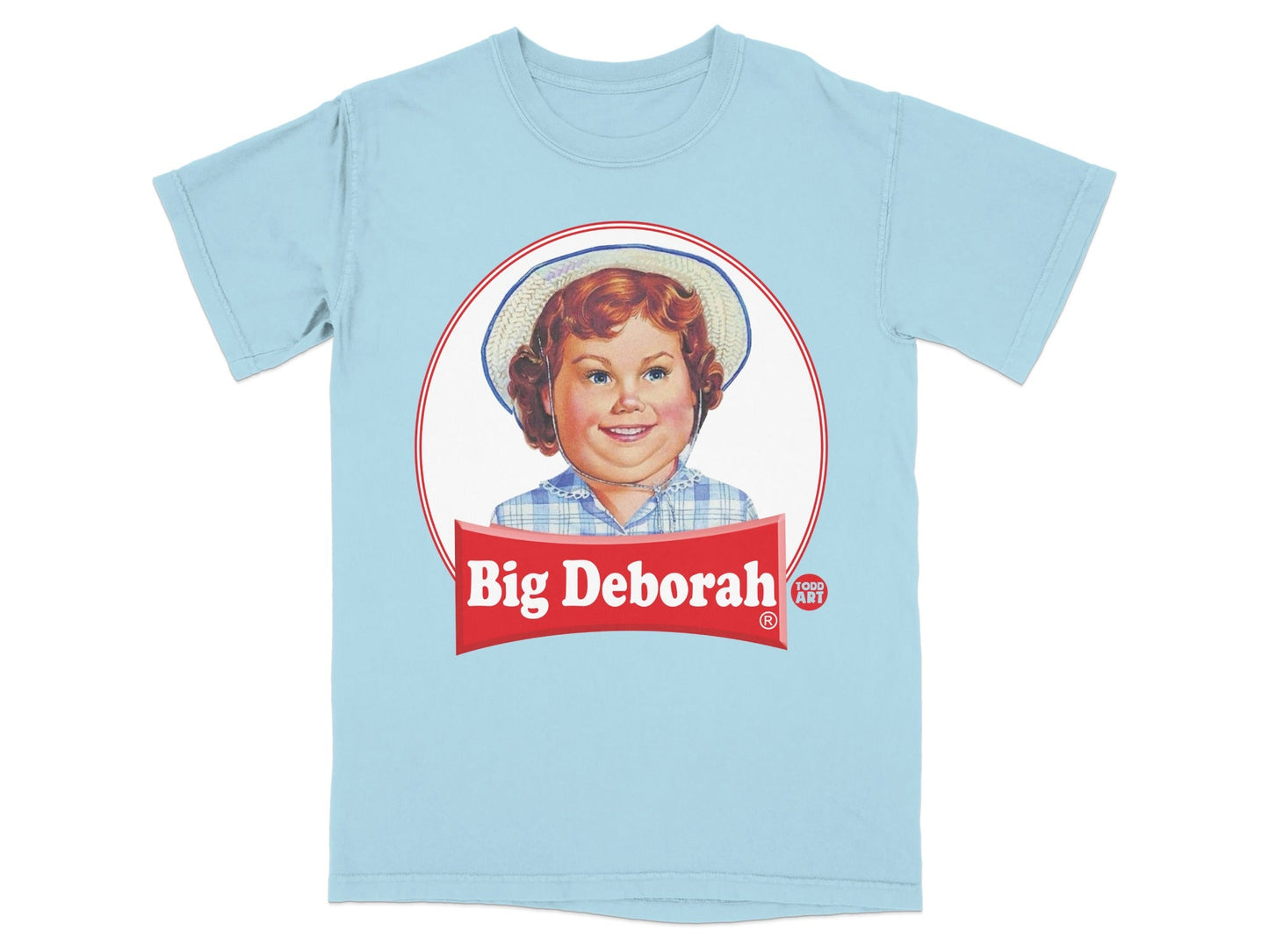 Light blue t-shirt with a "Big Deborah" logo featuring a young girl.