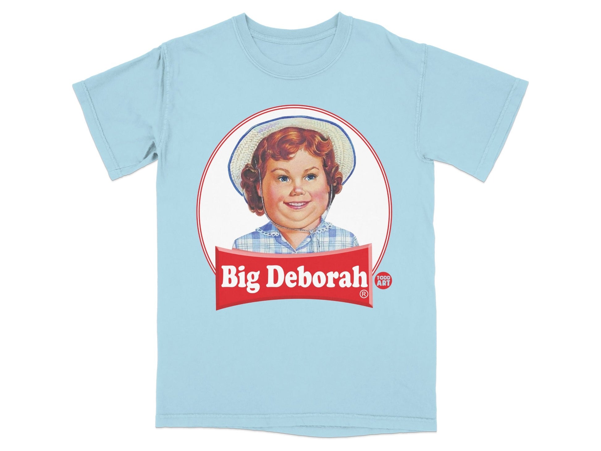 Light blue t-shirt with a "Big Deborah" logo featuring a young girl.