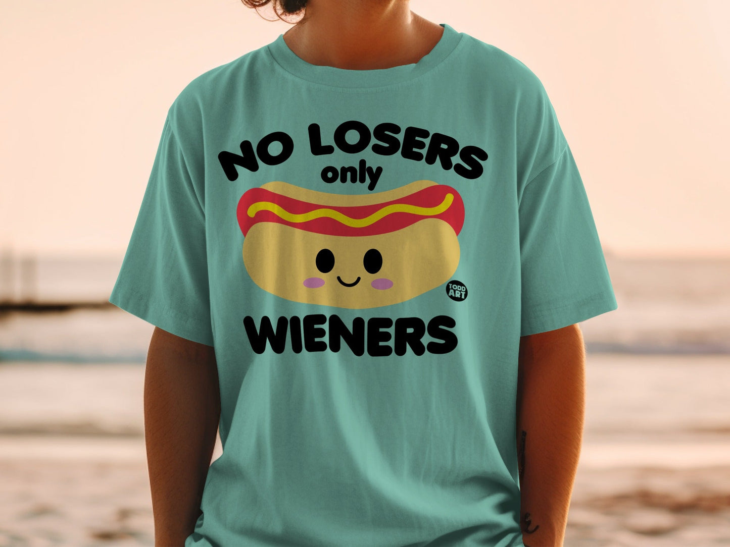 Teal t-shirt with a cartoon hot dog and "NO LOSERS only WIENERS" text.
