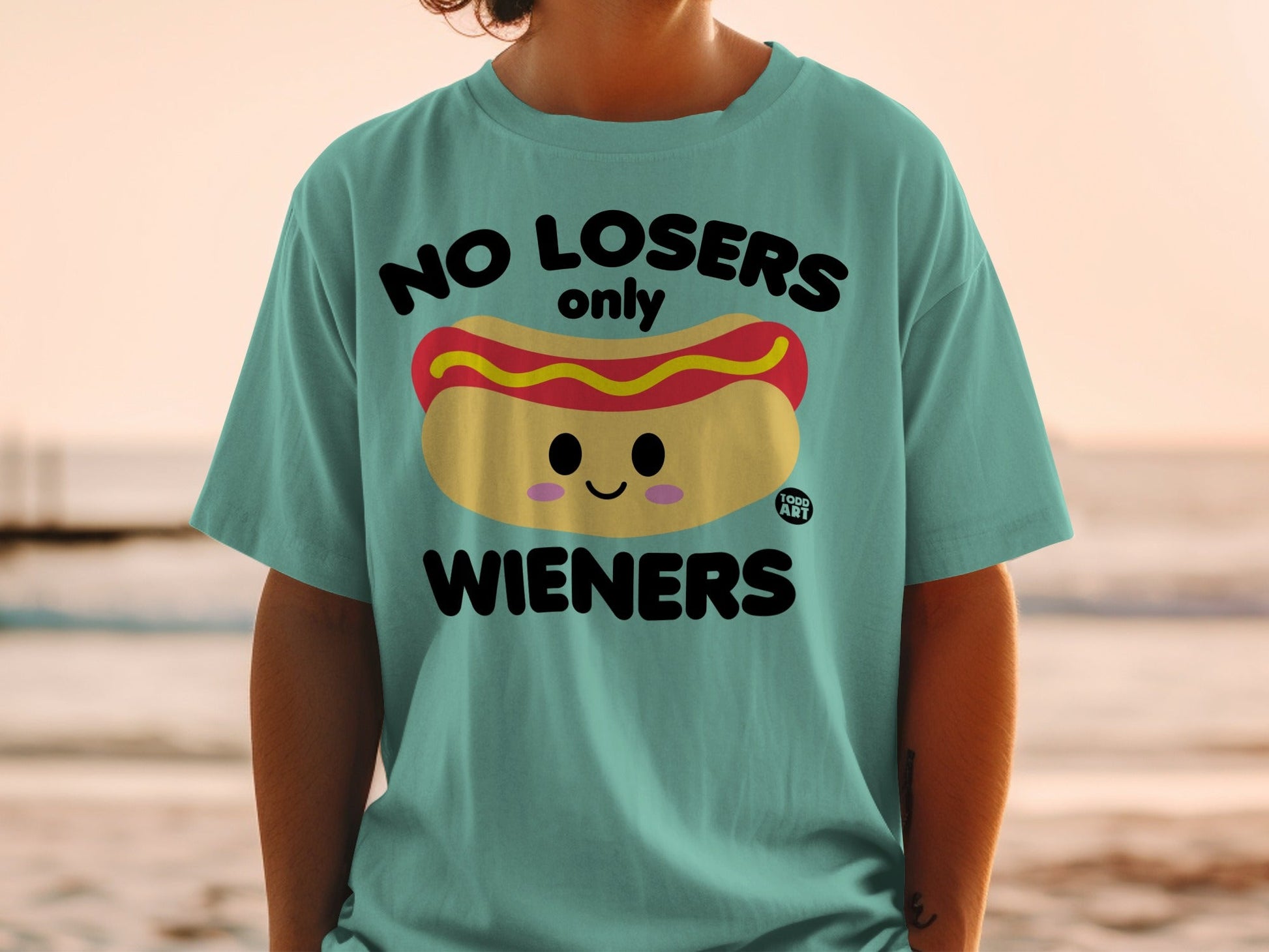 Teal t-shirt with a cartoon hot dog and "NO LOSERS only WIENERS" text.