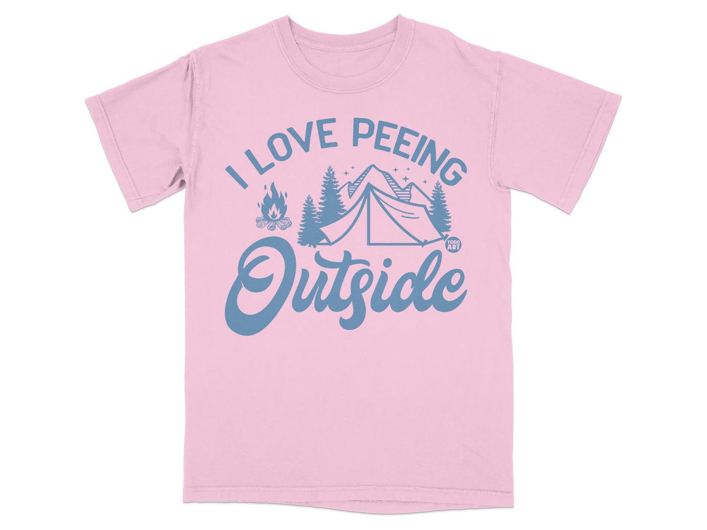 Pink t-shirt with "I Love Peeing Outside" text and camping graphics.