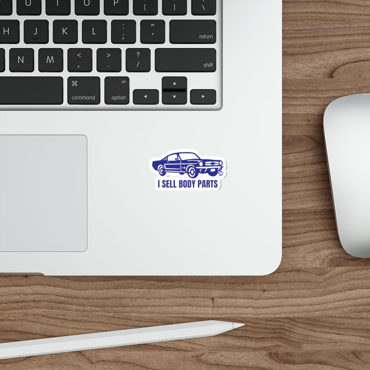 Blue sticker with a car and text "I SELL BODY PARTS".