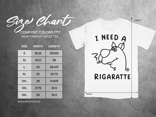 Size chart for Comfort Colors 1717 heavyweight adult tee with graphic.