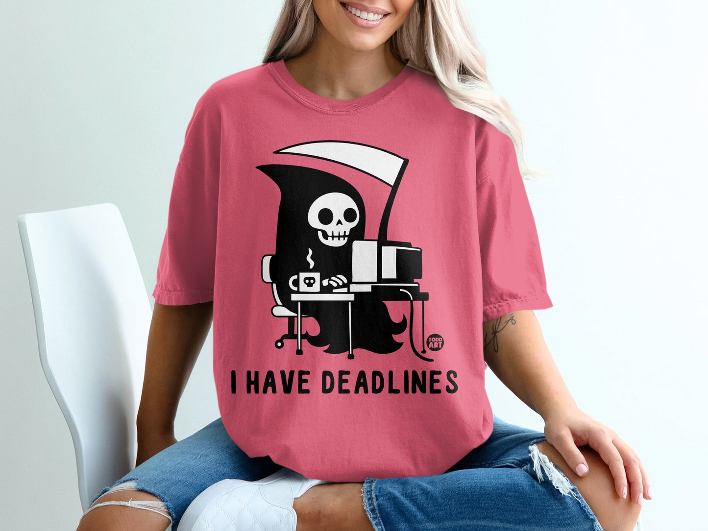 T-shirt with Grim Reaper at computer, "I HAVE DEADLINES" text.