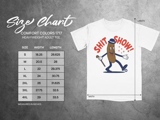 Size chart for Comfort Colors 1717 heavyweight adult tee with cartoon.