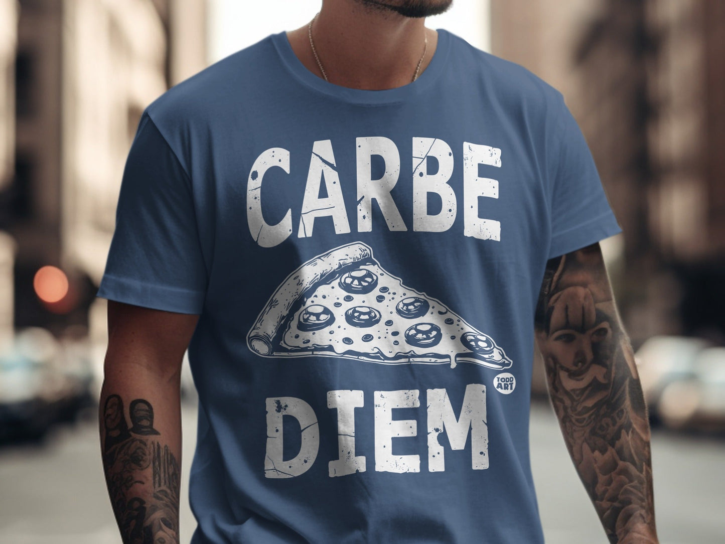 Blue t-shirt with "CARPE DIEM" and a pizza slice graphic.
