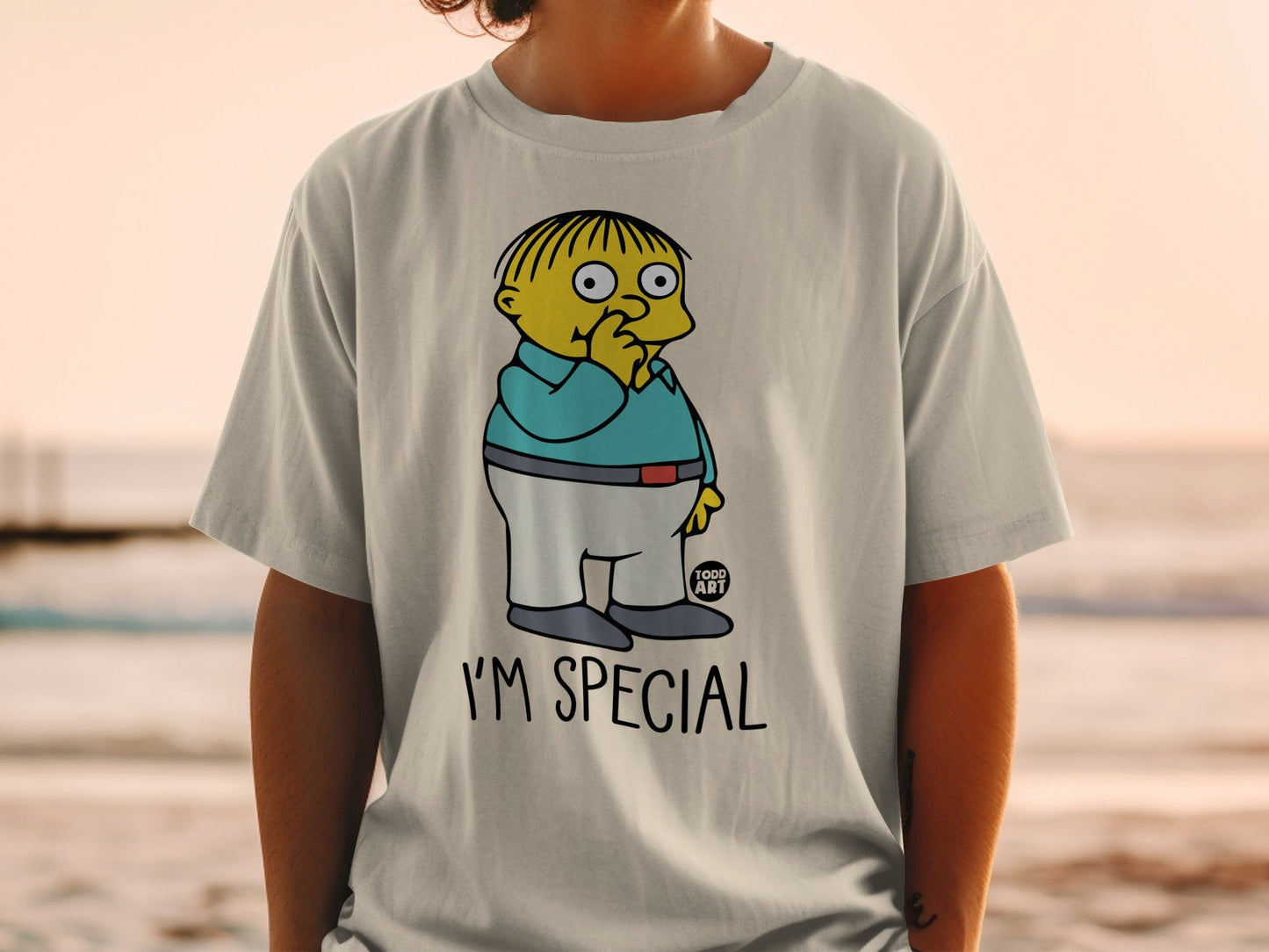 Ralph Wiggum from The Simpsons on a white t-shirt with "I'M SPECIAL" text.