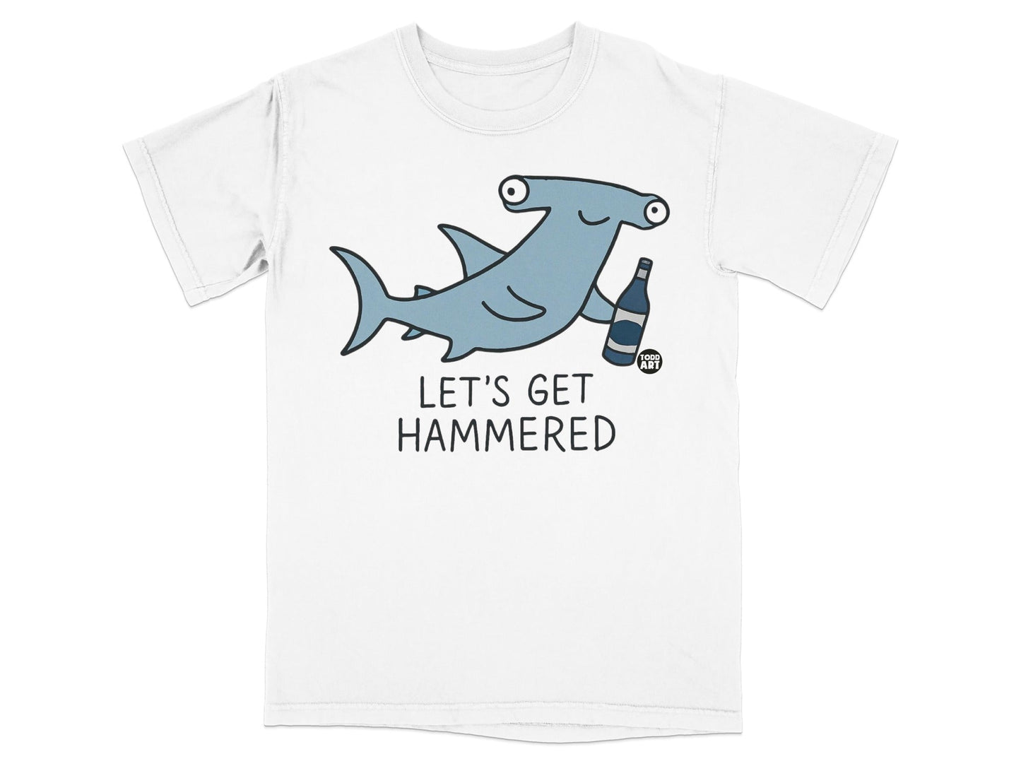 Light blue t-shirt with cartoon hammerhead shark holding a beer bottle.