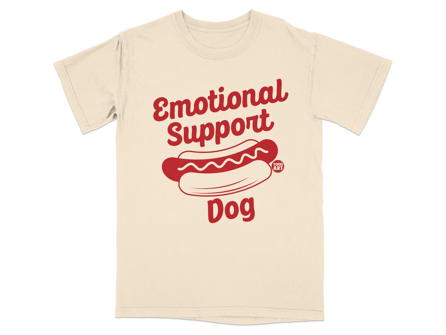 Cream t-shirt with red "Emotional Support Dog" text and hot dog graphic.