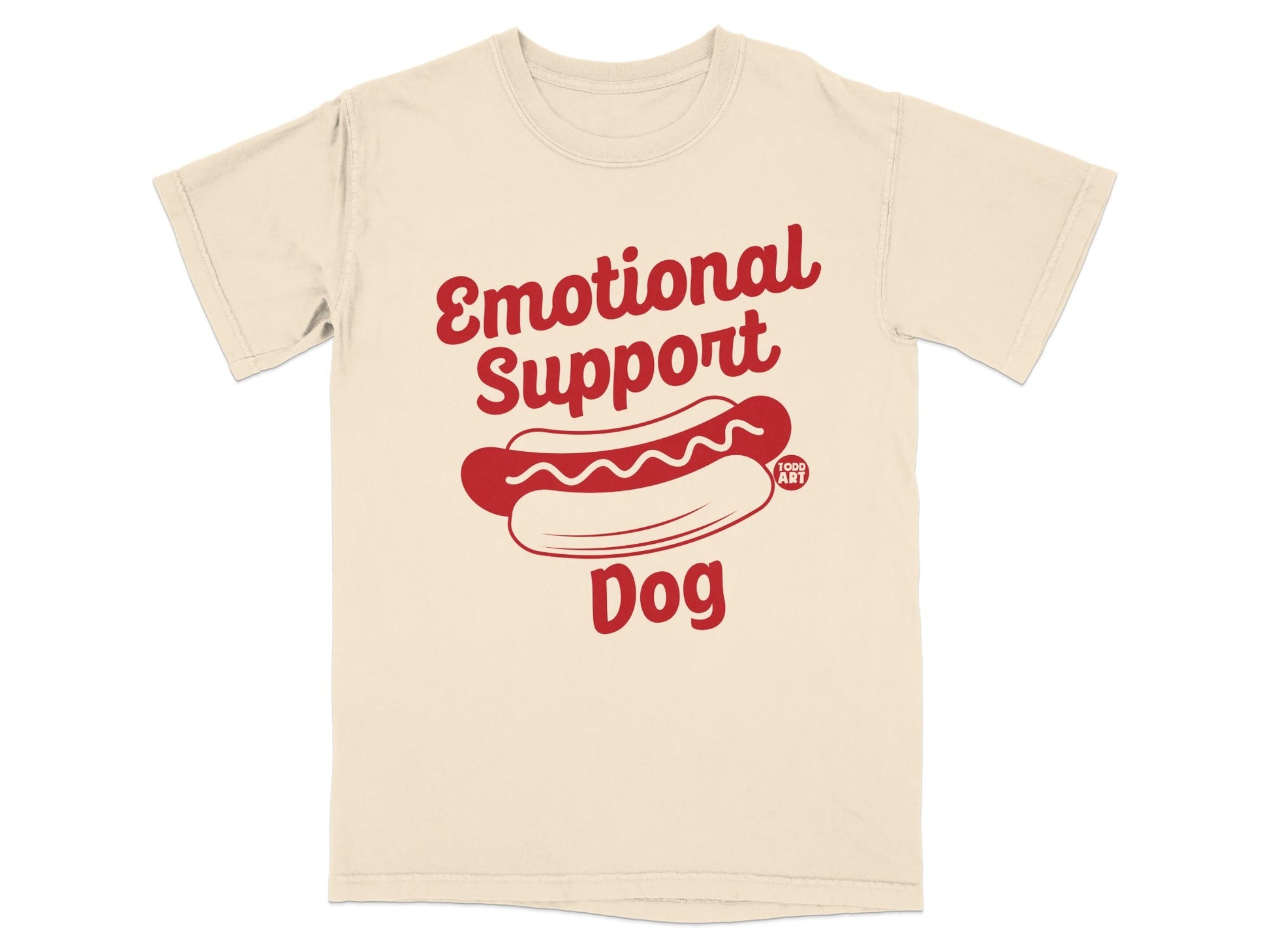 Cream t-shirt with red "Emotional Support Dog" text and hot dog graphic.