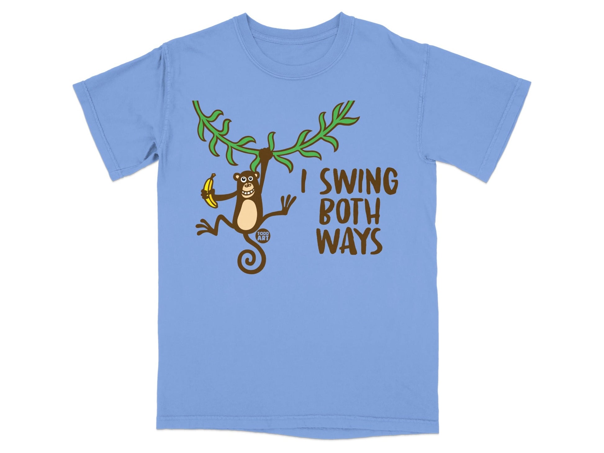 Blue t-shirt with a monkey swinging and text "I SWING BOTH WAYS".