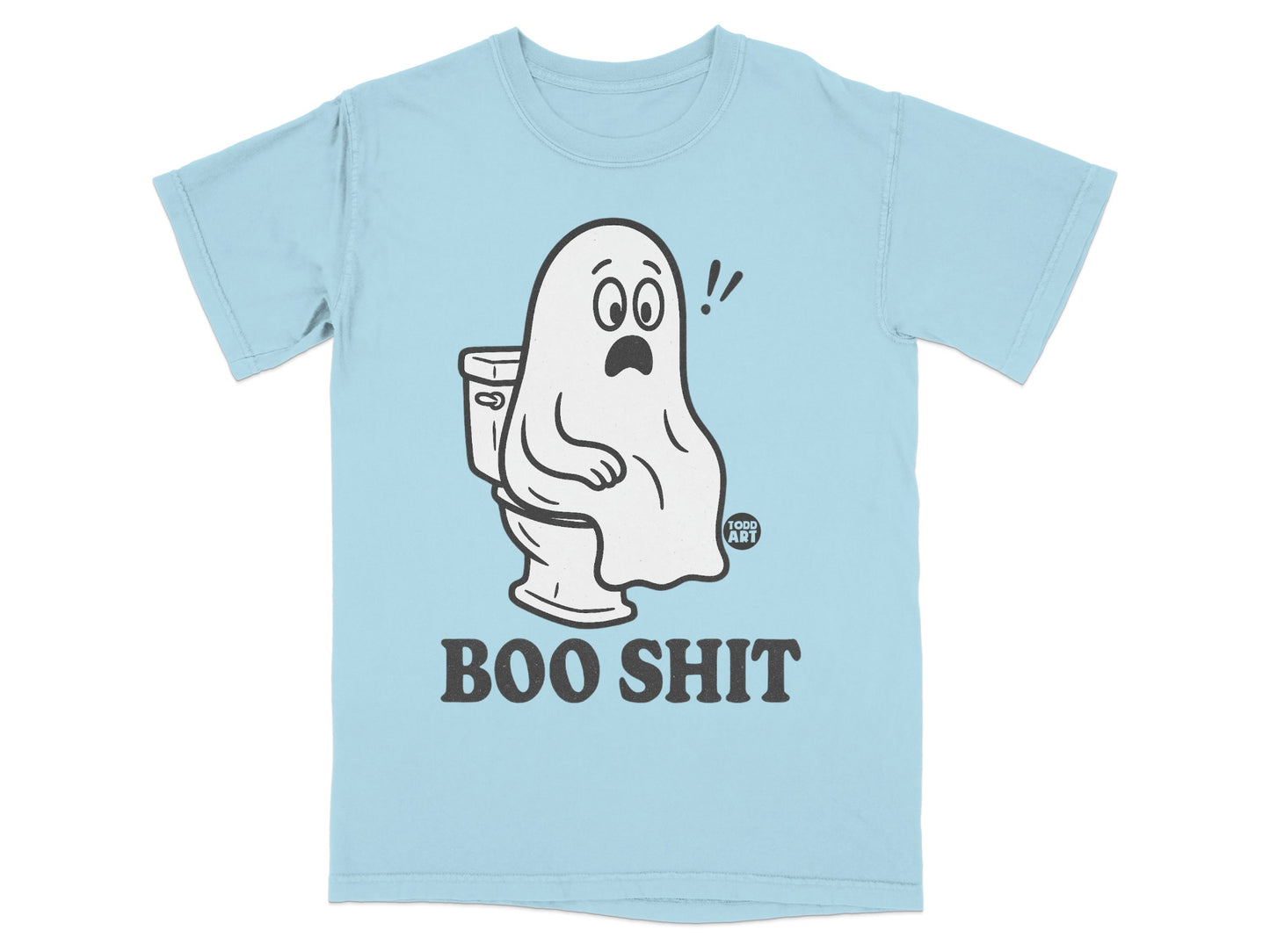 Ghost on a toilet, text reads "BOO SHIT".