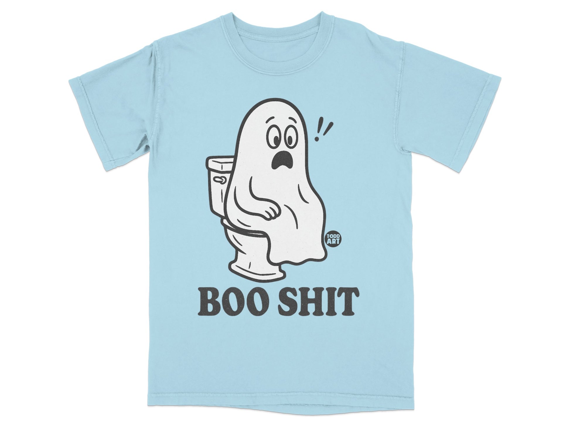 Ghost on a toilet, text reads "BOO SHIT".