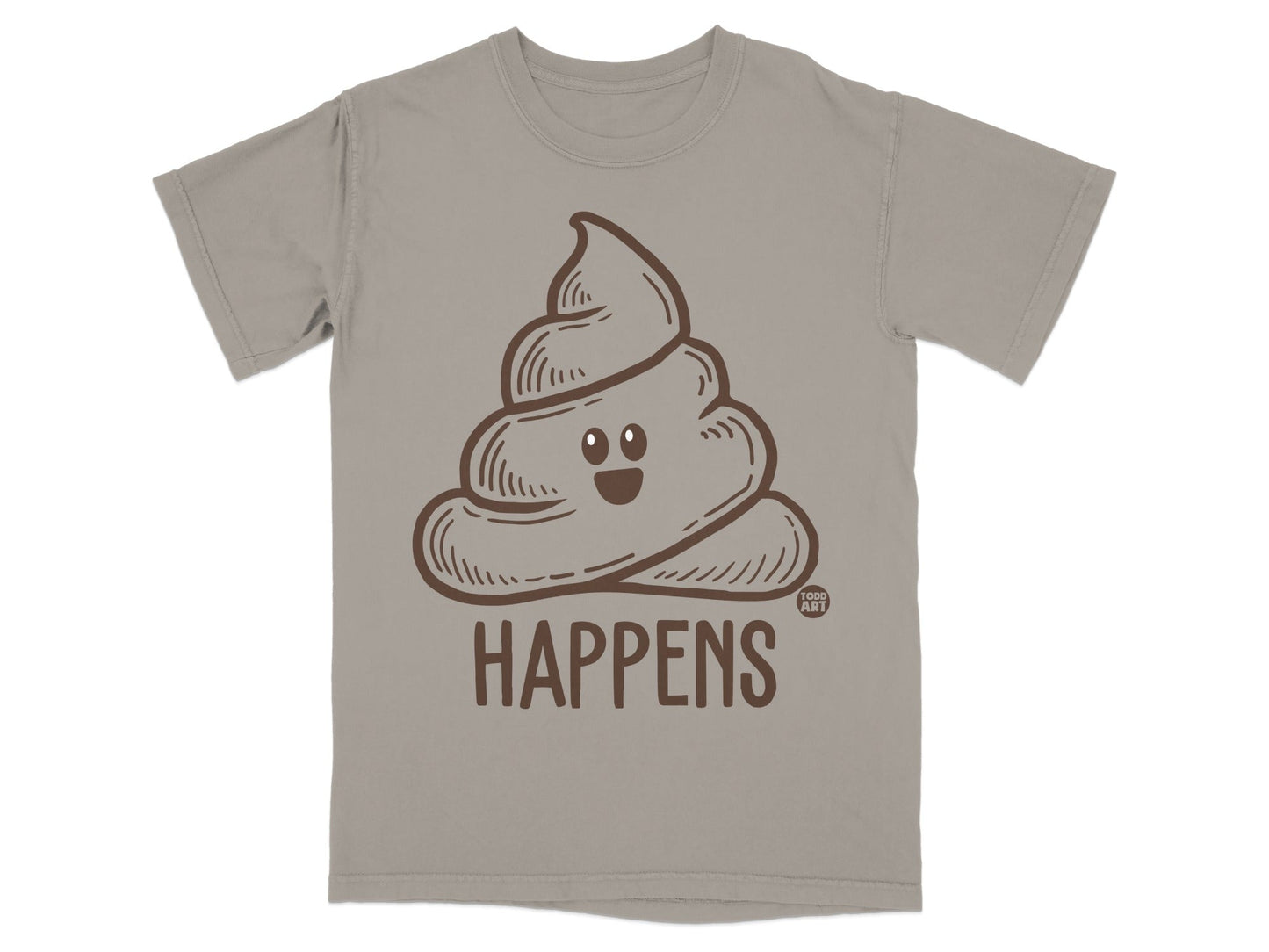 Brown t-shirt with a cartoon poop emoji and text that says "HAPPENS."